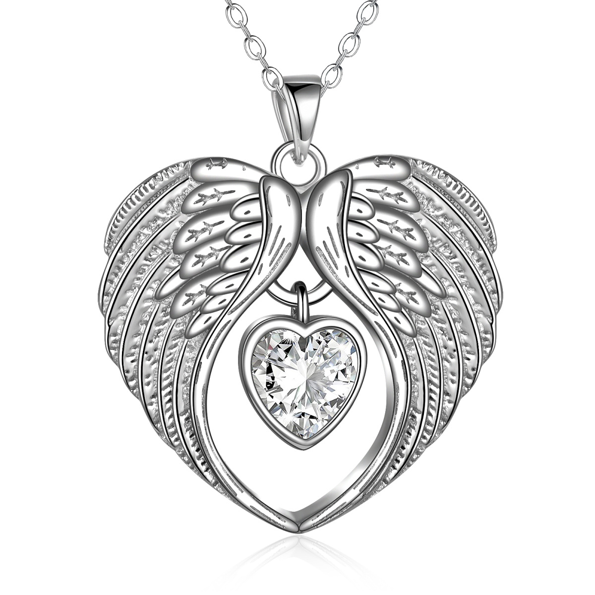 Sterling Silver Heart Cubic Zirconia Angel Wing Pendant Necklace-1