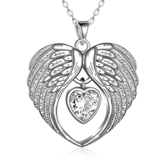 Sterling Silver Heart Cubic Zirconia Angel Wing Pendant Necklace-19