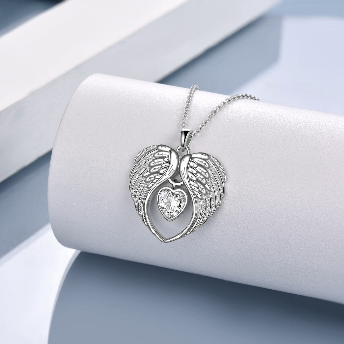 Sterling Silver Heart Cubic Zirconia Angel Wing Pendant Necklace-4