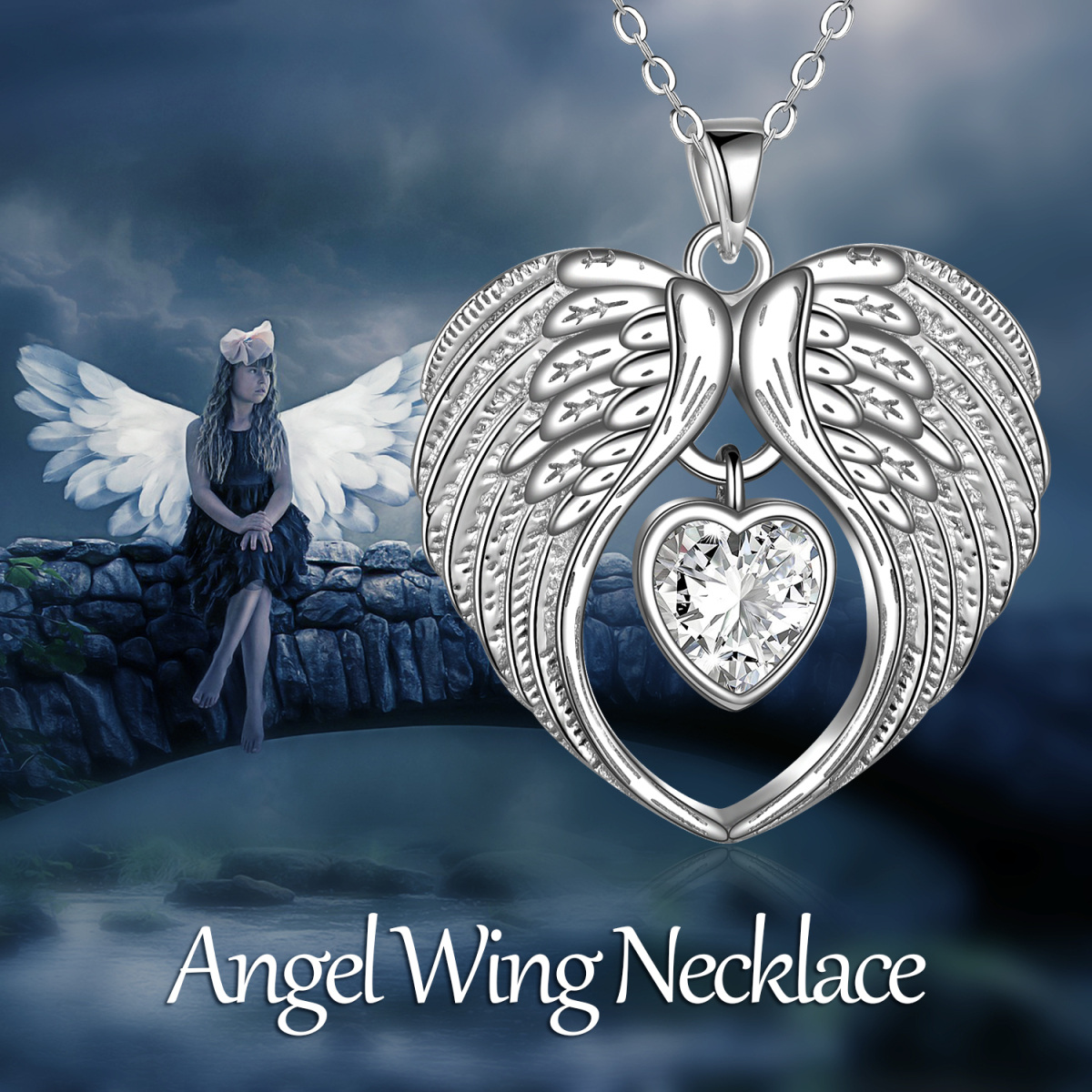 Sterling Silver Heart Cubic Zirconia Angel Wing Pendant Necklace-5