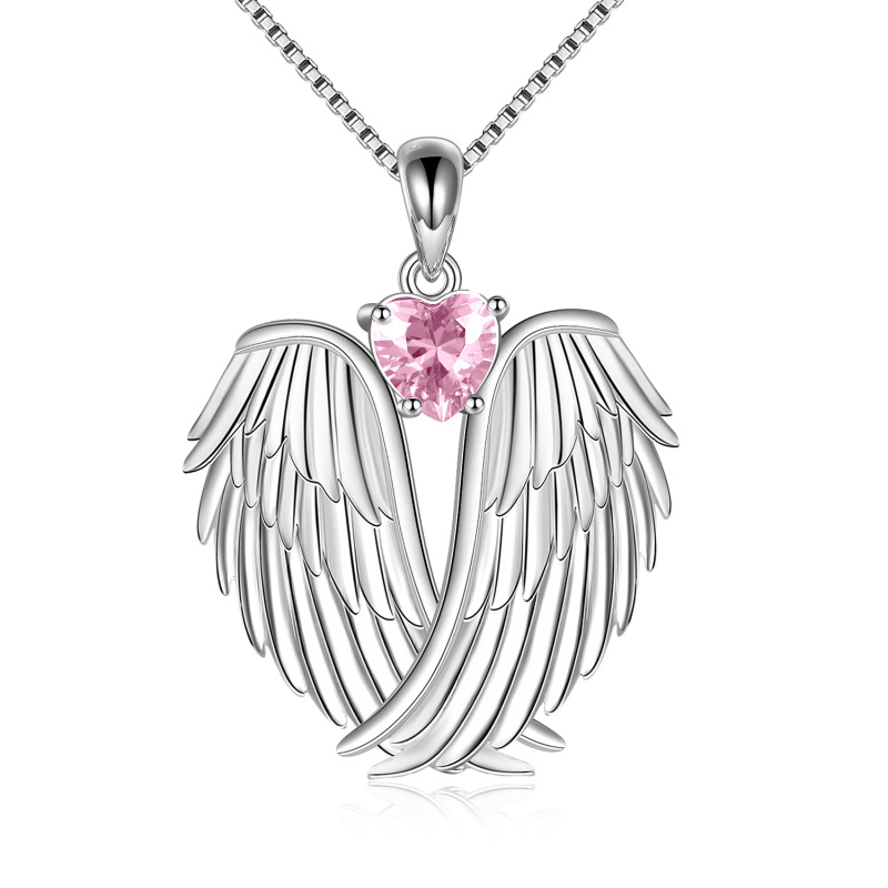 Sterling Silver Pink Cubic Zirconia Angel Wing Heart Pendant Necklace for Women-3