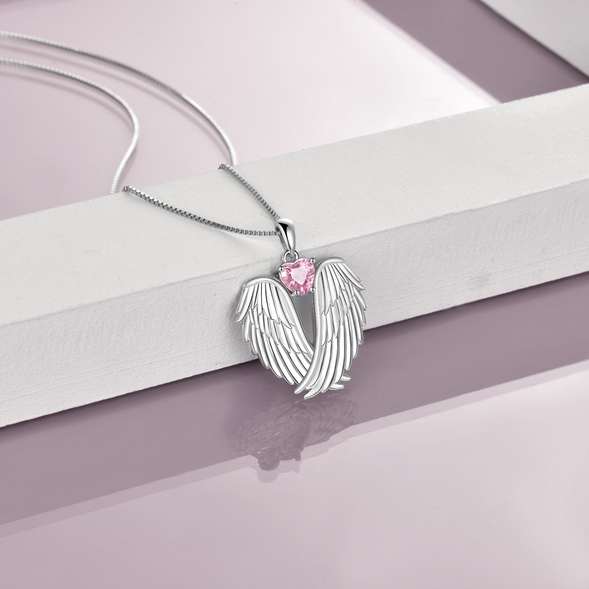 Sterling Silver Pink Cubic Zirconia Angel Wing Heart Pendant Necklace for Women-3