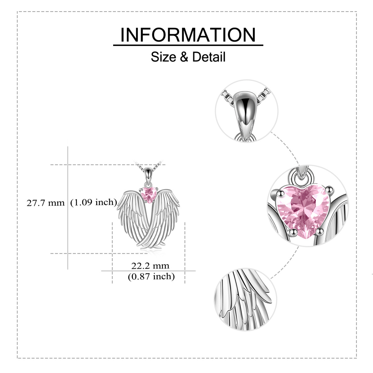 Sterling Silver Pink Cubic Zirconia Angel Wing Heart Pendant Necklace for Women-5