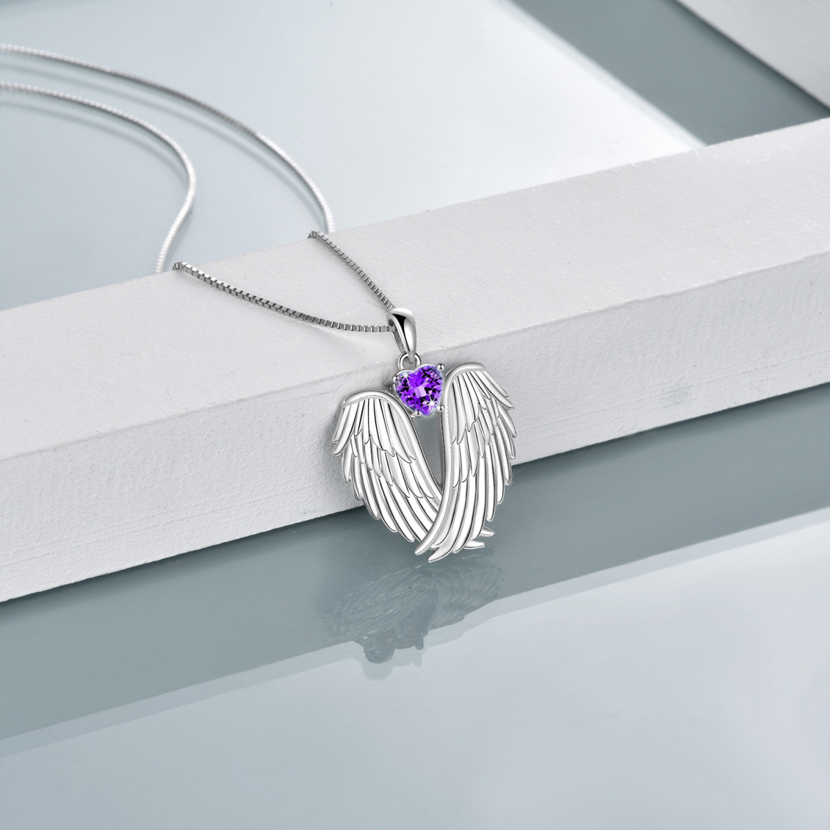 Sterling Silver Personalised Birthstone Angel Wing Heart Pendant Necklace For Women-3