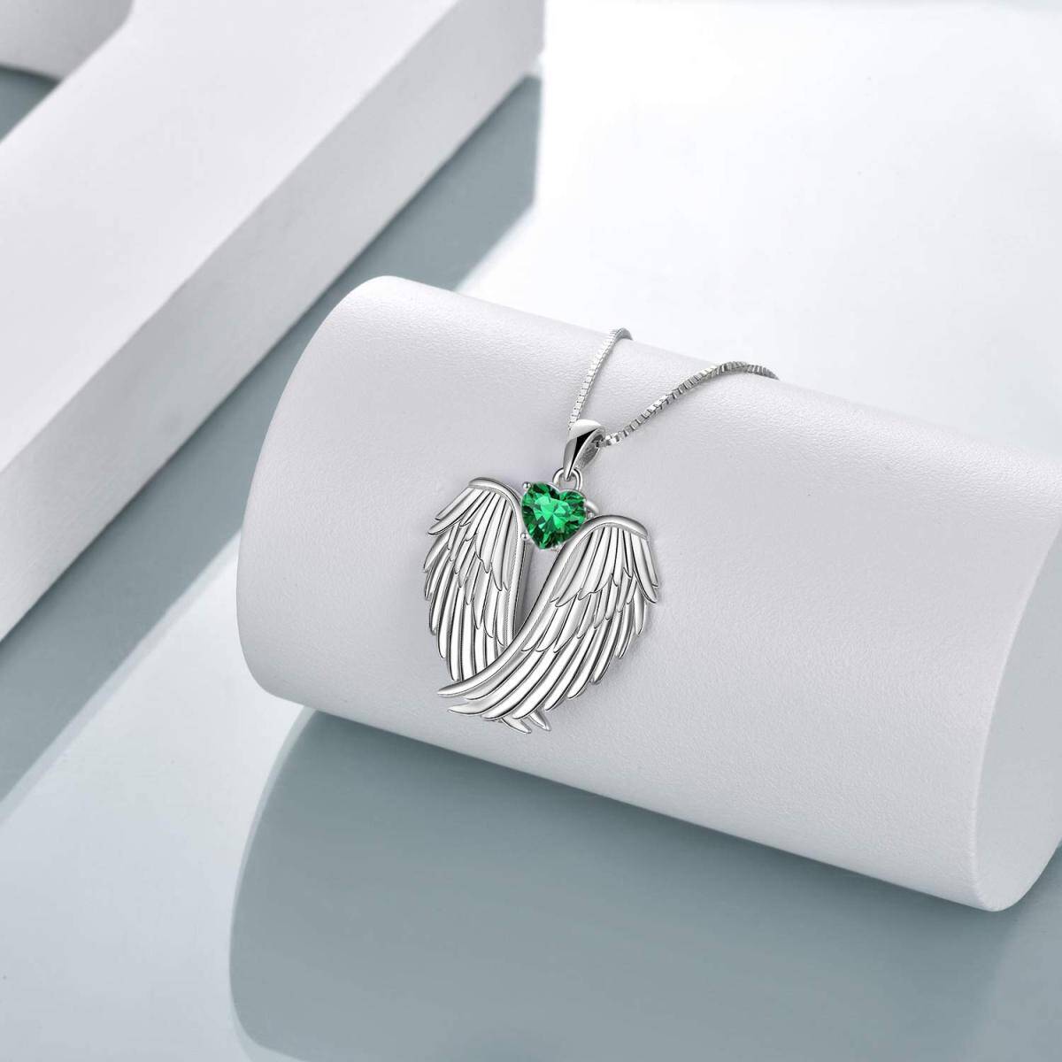 Sterling Silver Green Cubic Zirconia Angel Wing Heart Pendant Necklace for Women-4