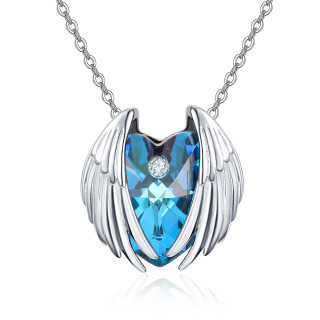 Sterling Silver Heart Shaped Angel Wings Crystal Pendant Necklace-18