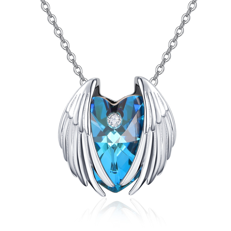 Sterling Silver Heart Shaped Angel Wings Crystal Pendant Necklace-1