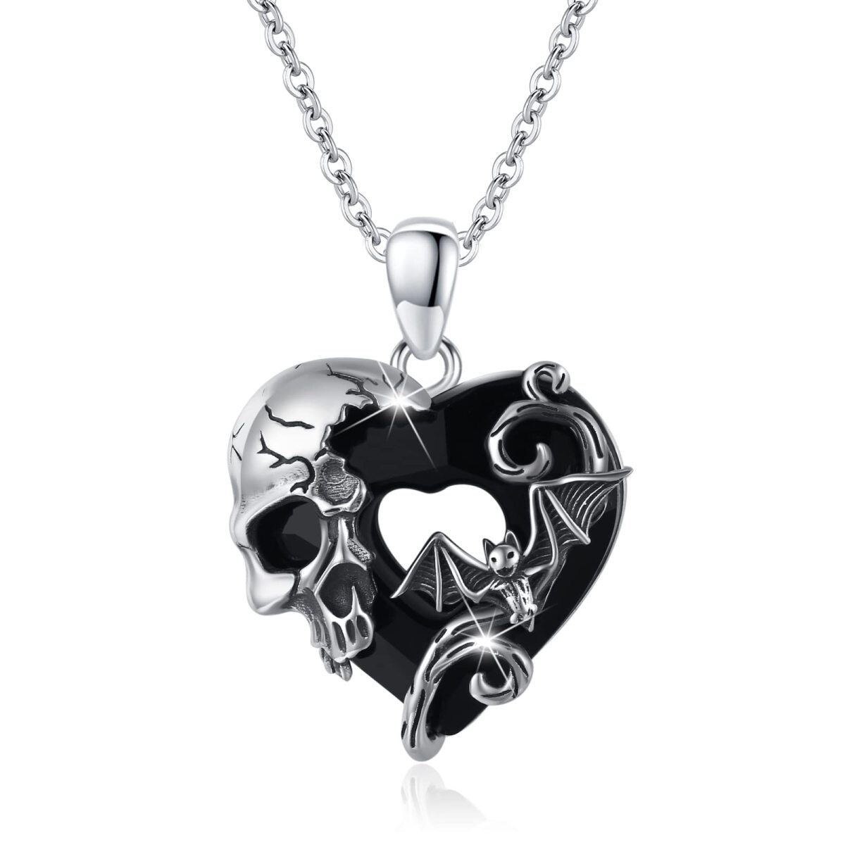 Sterling Silverbat Skull With Heart Crystal Pendent Necklace For Women-1