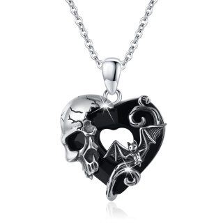 Sterling Silverbat Skull With Heart Crystal Pendent Necklace For Women-5