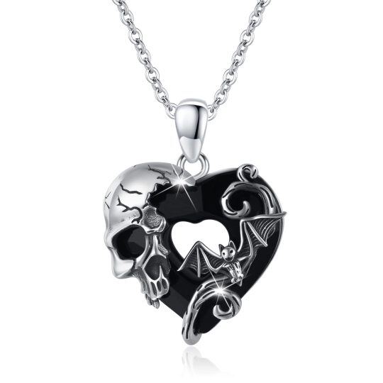 Collier en argent sterling avec pendentif chauve-souris en forme de coeur, coeur et crâne