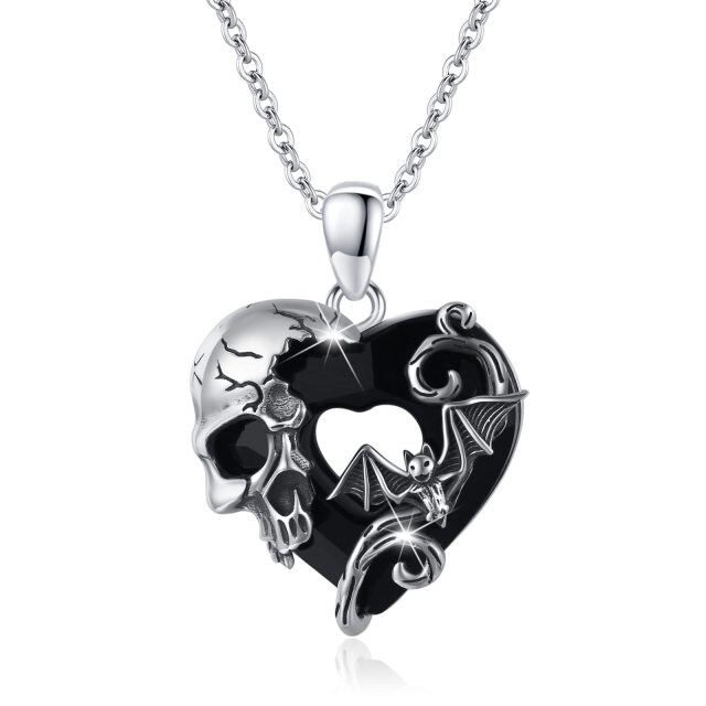 Sterling Silver Heart Shaped Bat & Heart & Skull Crystal Pendant Necklace-3