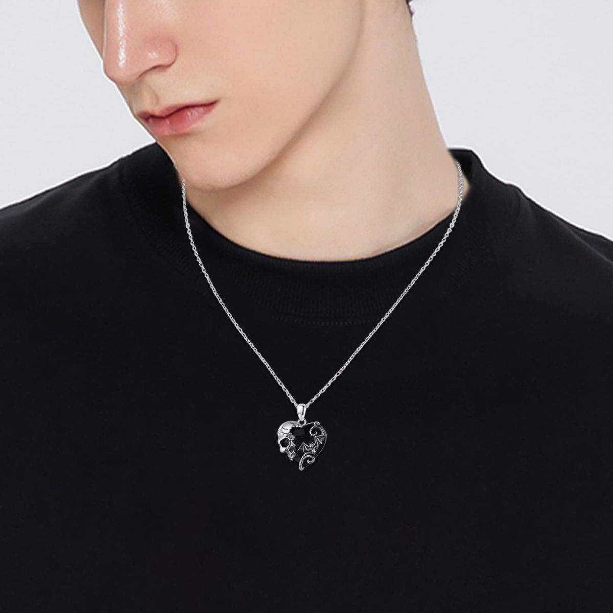 Collier pendentif en argent sterling avec crâne de chauve-souris et cœur en cristal pour femme-3