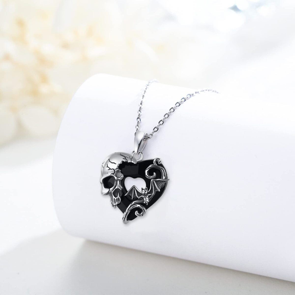 Sterling Silverbat Skull With Heart Crystal Pendent Necklace For Women-4