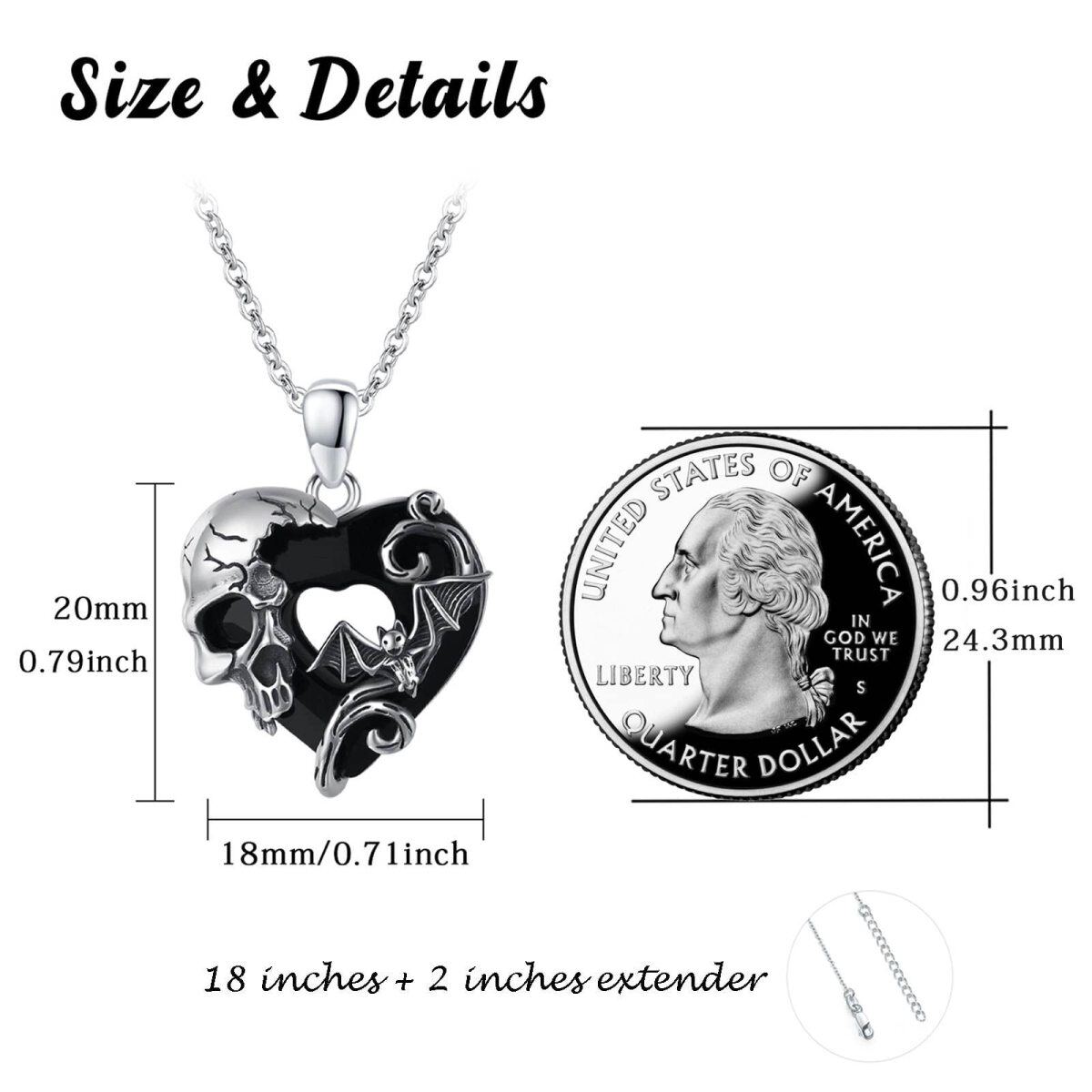 Collar con colgante de calavera de murciélago de plata de ley con cristal de corazón para mujer-5