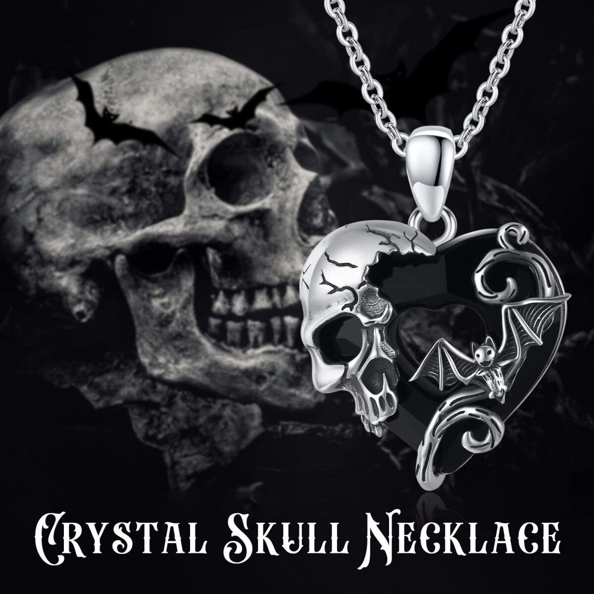 Sterling Silverbat Skull With Heart Crystal Pendent Necklace For Women-6