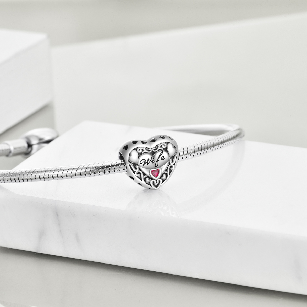 Sterling Silver Heart Cubic Zirconia Bead Charm For Women-4