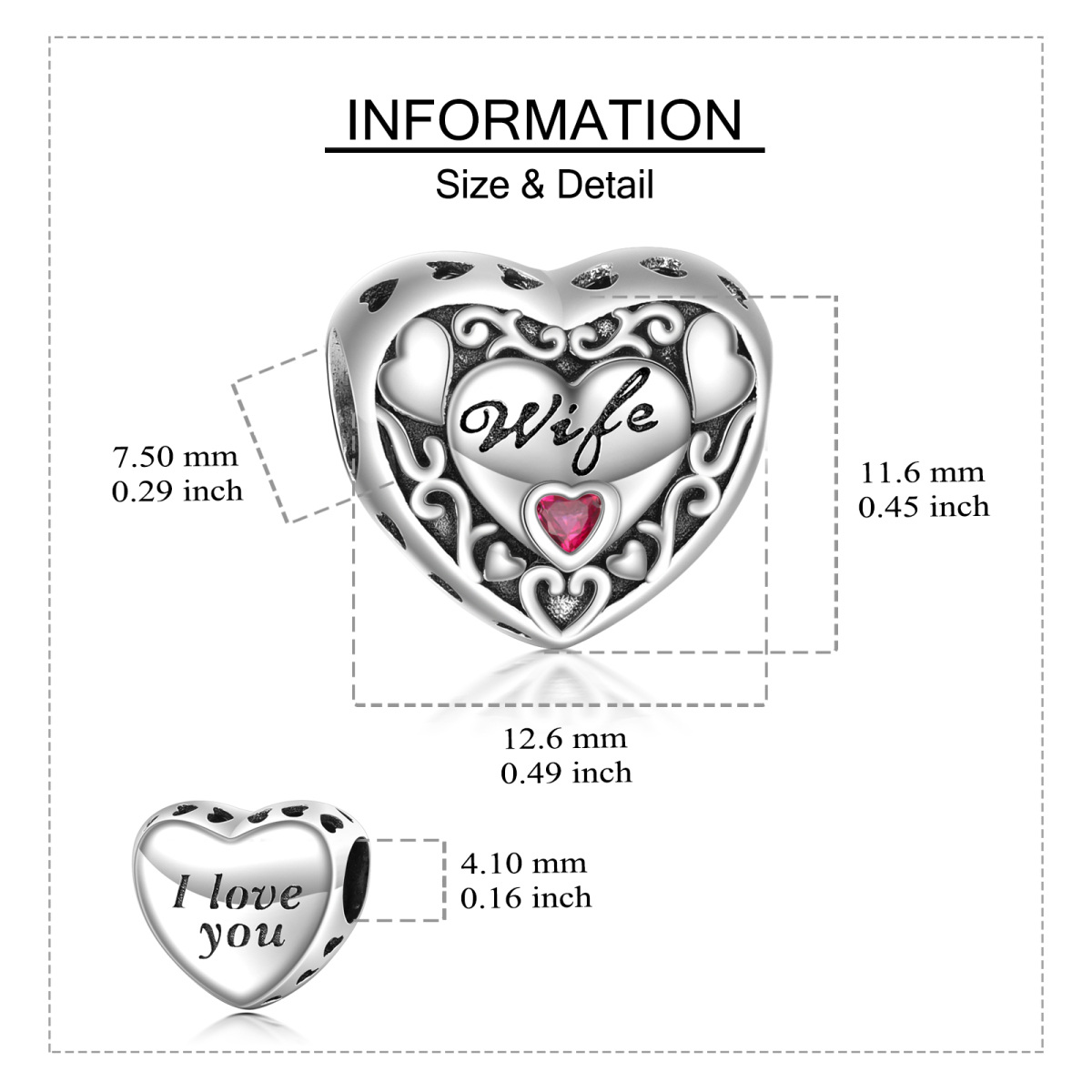 Sterling Silver Heart Cubic Zirconia Bead Charm For Women-5