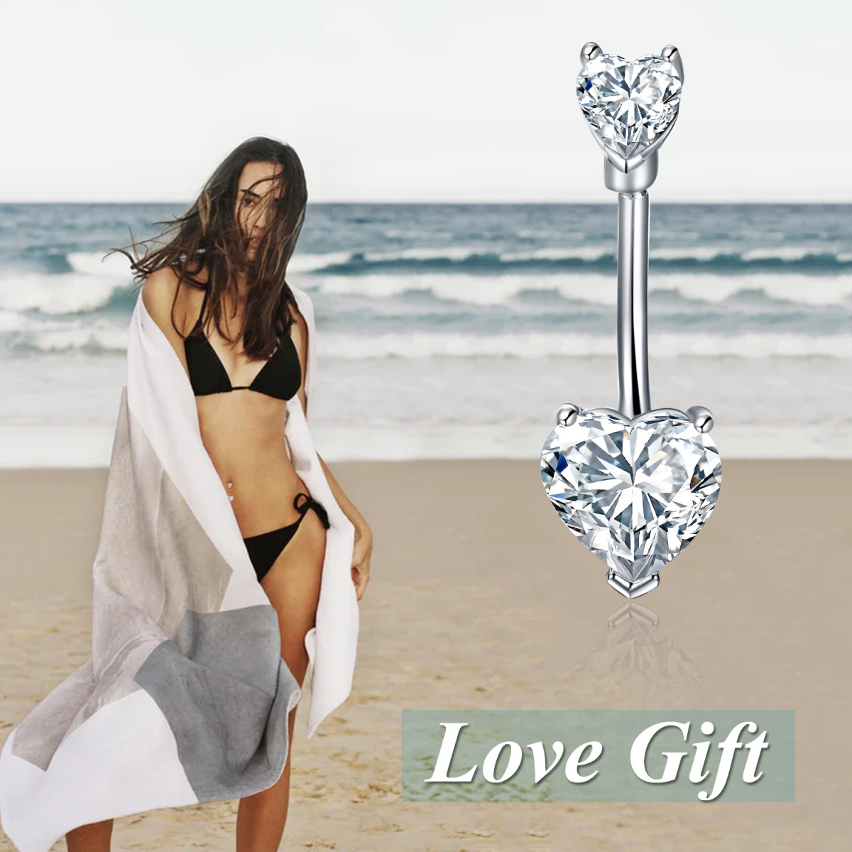 Sterling Silver Heart Cubic Zirconia Belly Button Ring For Women-6