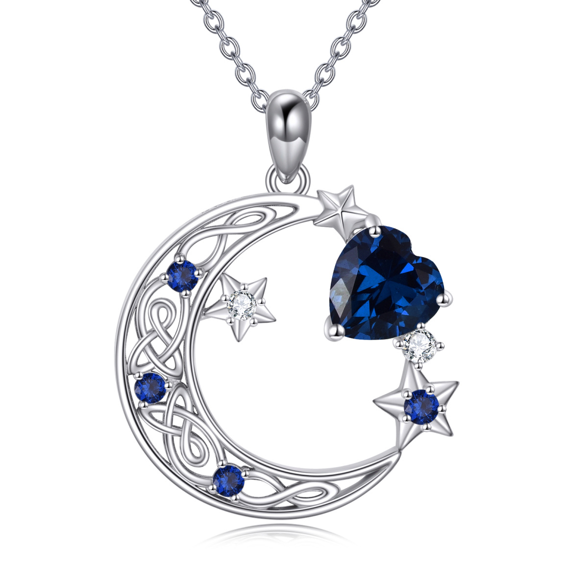 Collar con colgante de estrella de luna con nudo celta y piedra natal en forma de corazón de plata de ley-1