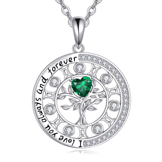 Sterling Silver Heart Shaped Cubic Zirconia Birthstone Tree Of Life Pendant Necklace-1