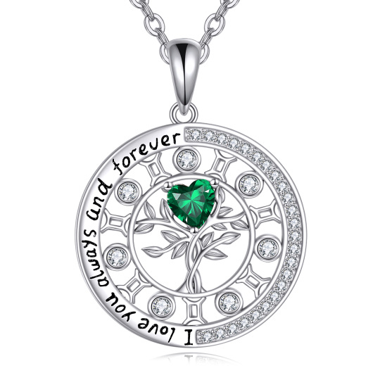 Sterling Silver Heart Shaped Cubic Zirconia Birthstone Tree Of Life Pendant Necklace