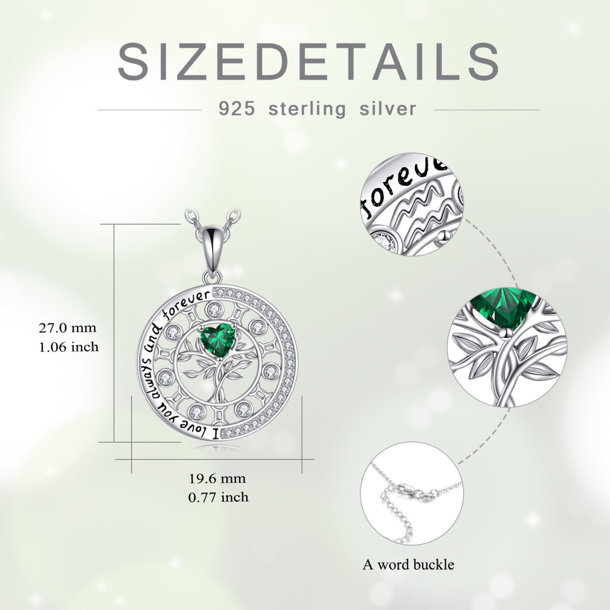 Sterling Silver Heart Shaped Cubic Zirconia Birthstone Tree Of Life Pendant Necklace-5