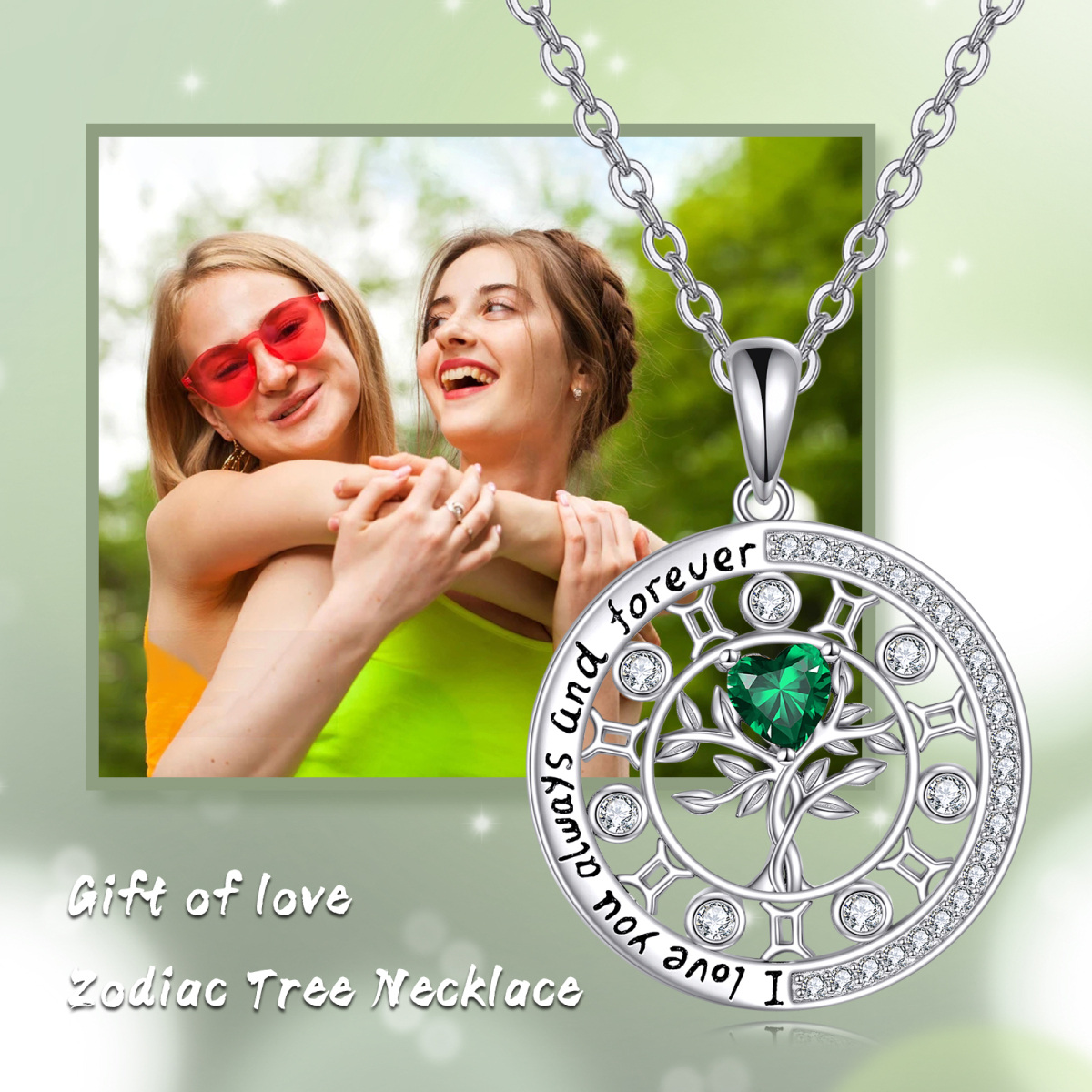 Sterling Silver Heart Shaped Cubic Zirconia Birthstone Tree Of Life Pendant Necklace-6