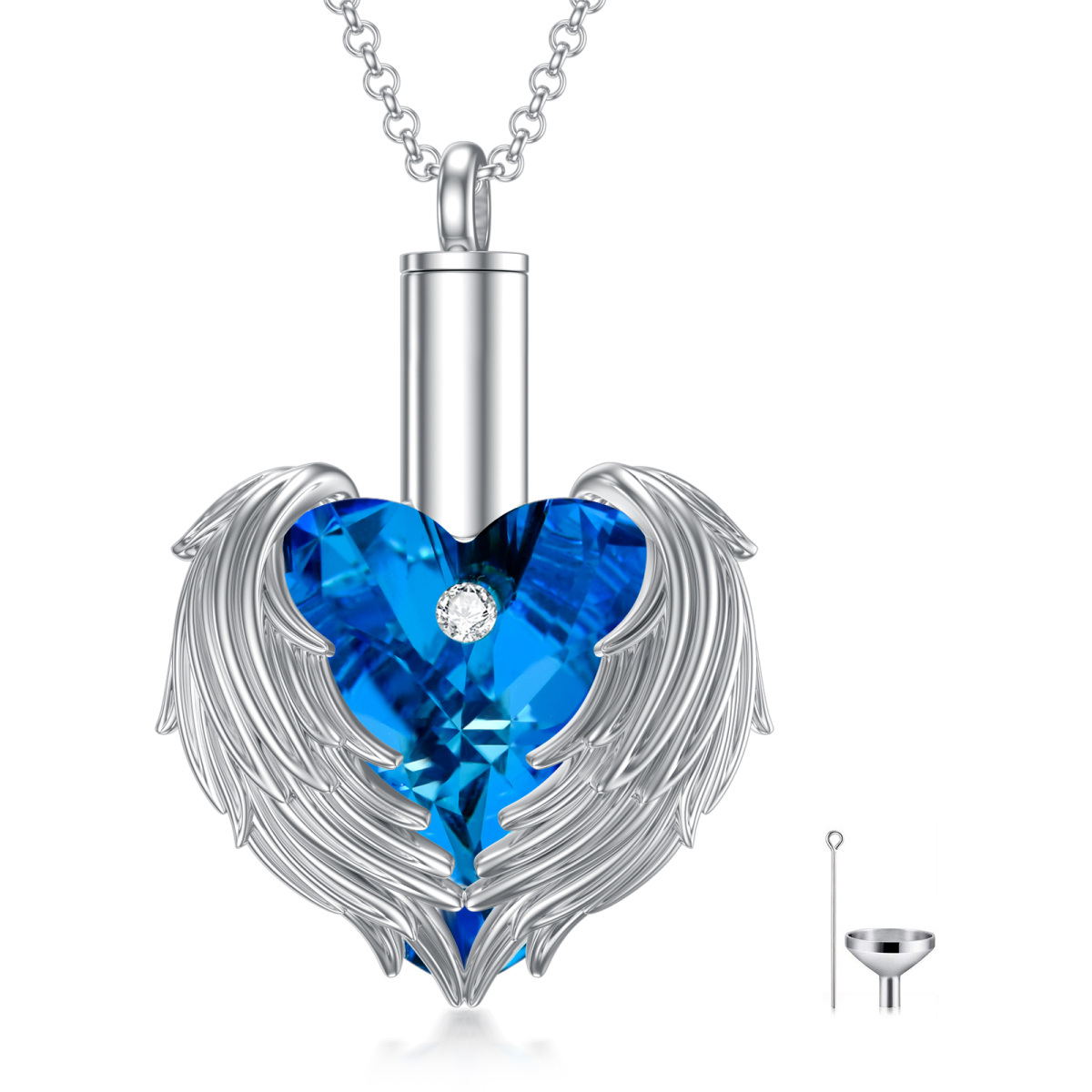 Collana d'argento a forma di cuore con ali d'angelo in cristallo blu per le ceneri-1