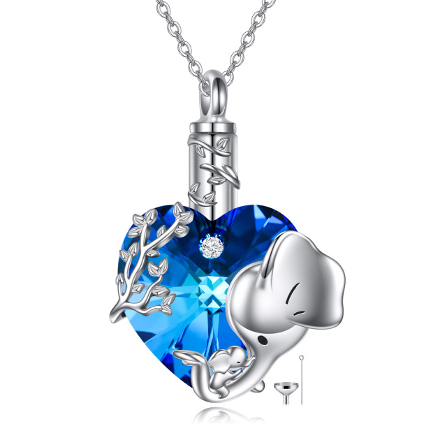 Sterling Silver Heart Shaped Blue Crystal Elephant & Heart Urn Necklace for Ashes