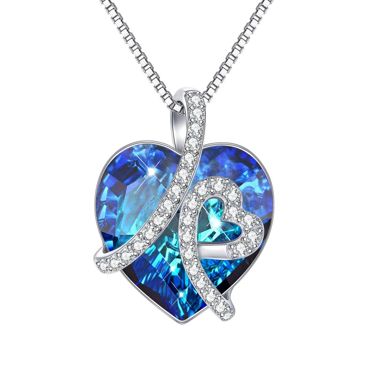 Collar con colgante de corazón de plata de ley con cristal azul y cadena de caja para mujer, mejor amiga-1