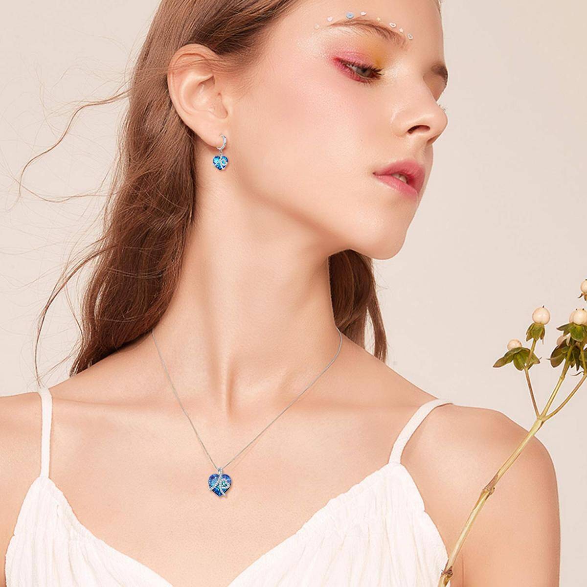 Collar con colgante de corazón de plata de ley con cristal azul y cadena de caja para mujer, mejor amiga-2