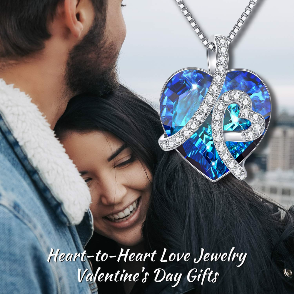 Collana con ciondolo a forma di cuore in cristallo blu a forma di cuore in argento sterling con catena a maglie per la migliore amica delle donne-3