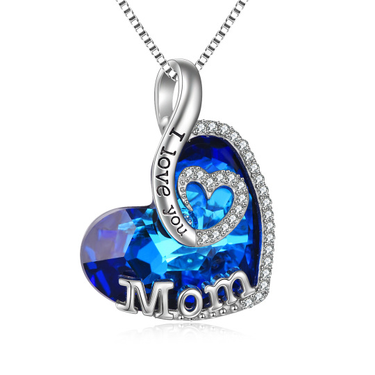 Sterling Silver Heart Shaped Blue Crystal Pendant Necklace Engraved Mom I Love You