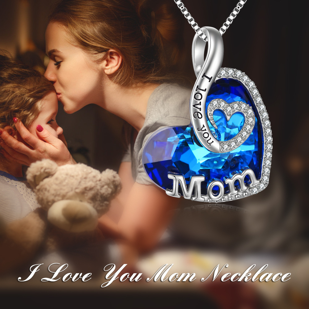 Sterling Silver Heart Shaped Blue Crystal Pendant Necklace Engraved Mom I Love You-3