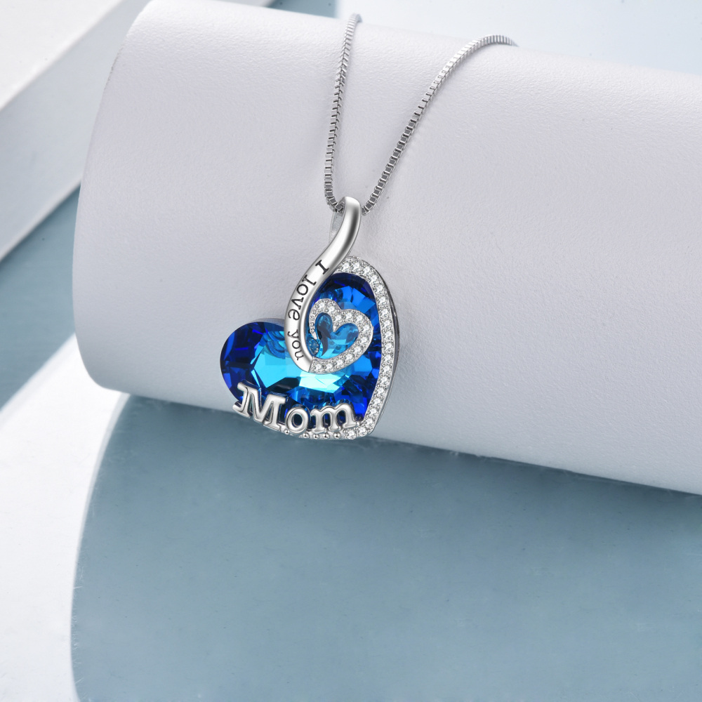 Sterling Silver Heart Shaped Blue Crystal Pendant Necklace Engraved Mom I Love You-4