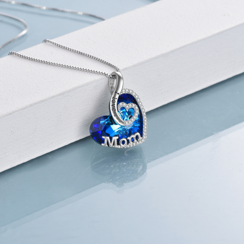 Sterling Silver Heart Shaped Blue Crystal Pendant Necklace Engraved Mom I Love You-5