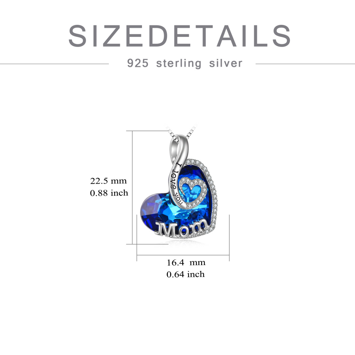 Collana con ciondolo di cristallo blu a forma di cuore in argento sterling con l'incisione 