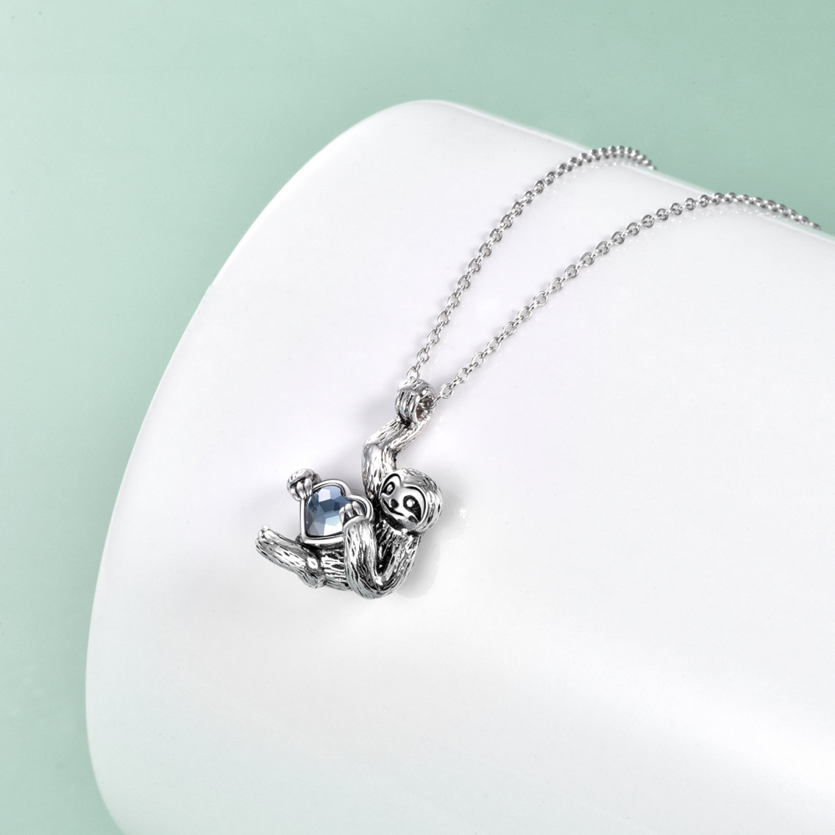 Sterling Silver Heart Shaped Blue Crystal Sloth Pendant Necklace-3