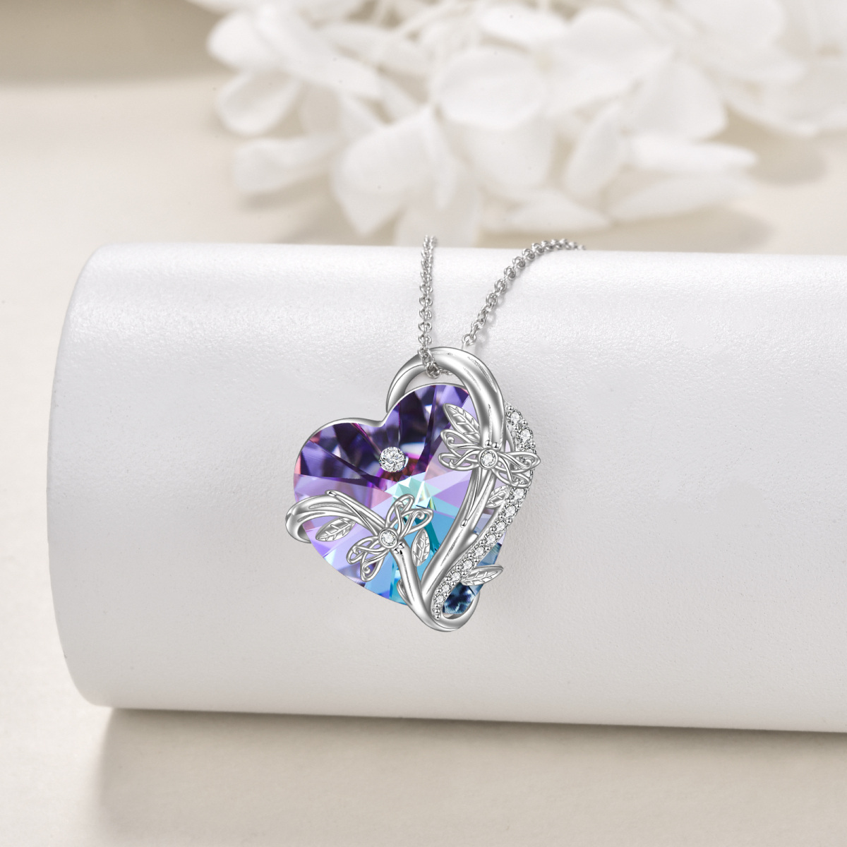 Sterling Silver Heart Shaped Butterfly Crystal Pendant Necklace-3