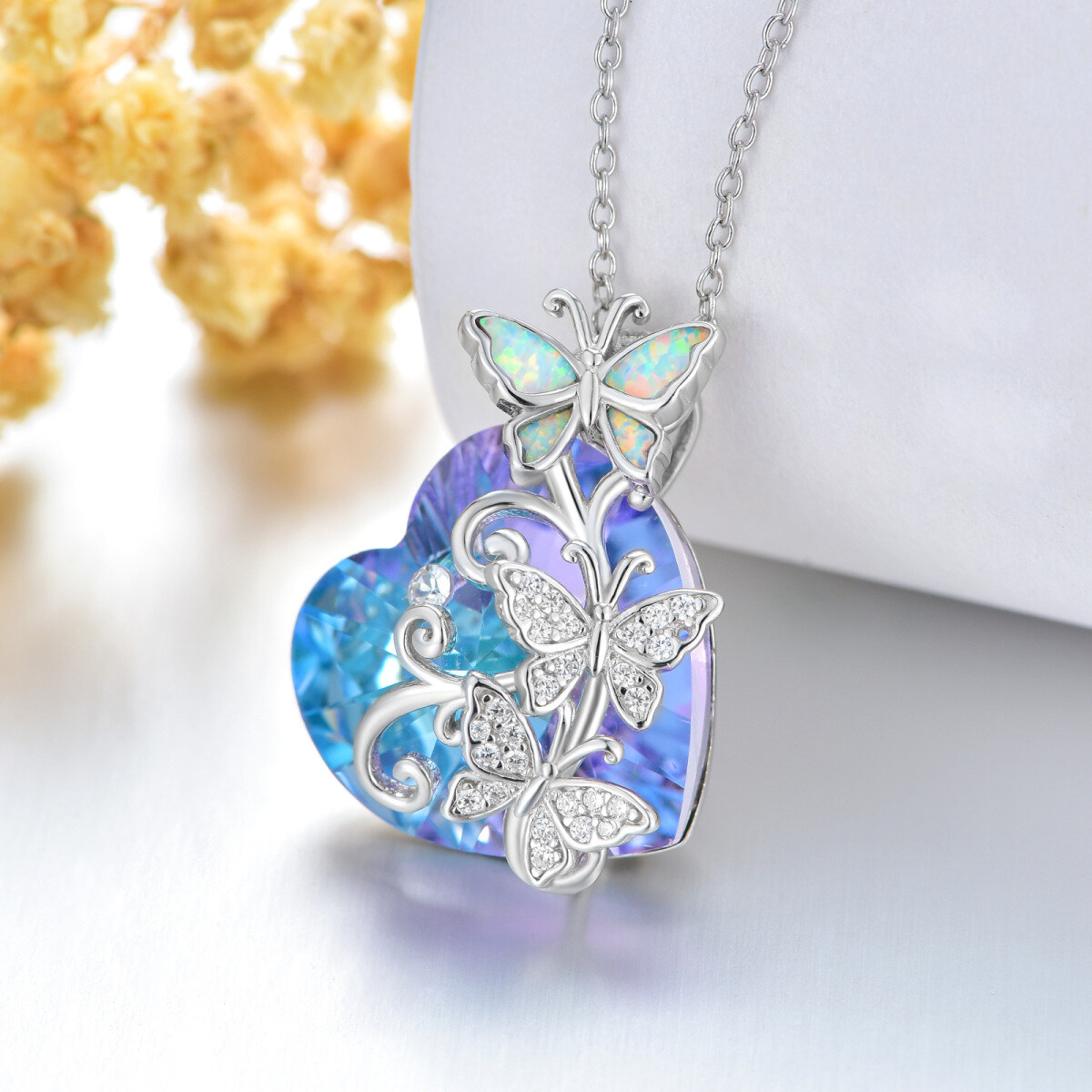 Sterling Silver Heart Butterfly Crystal Pendant Necklace For Women-3