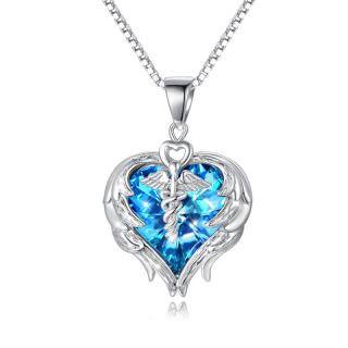 Sterling Silver Heart Shaped Caduceus Crystal Pendant Necklace-5