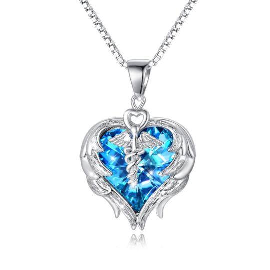 Collier en argent sterling avec pendentif Caducée en cristal en forme de coeur