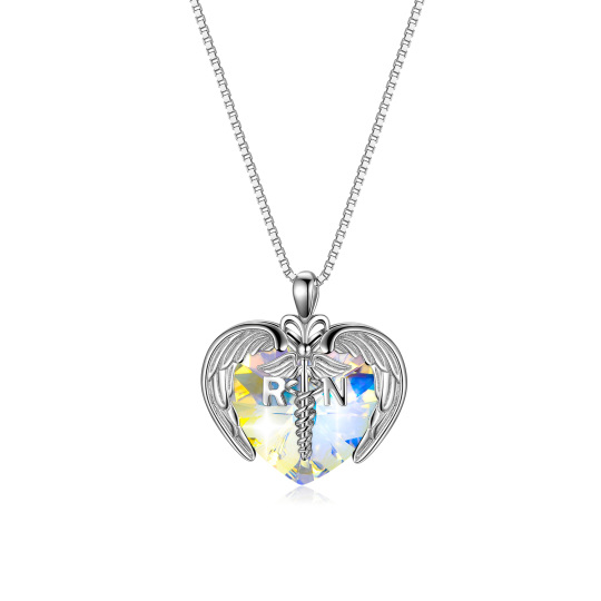 Sterling Silver Heart Caduceus Heart Crystal Pendant Necklace With Engraved Word For Women