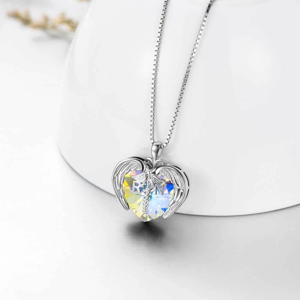 Collana con pendente in cristallo a cuore caduceo a cuore in argento sterling con parola incisa per donna-3