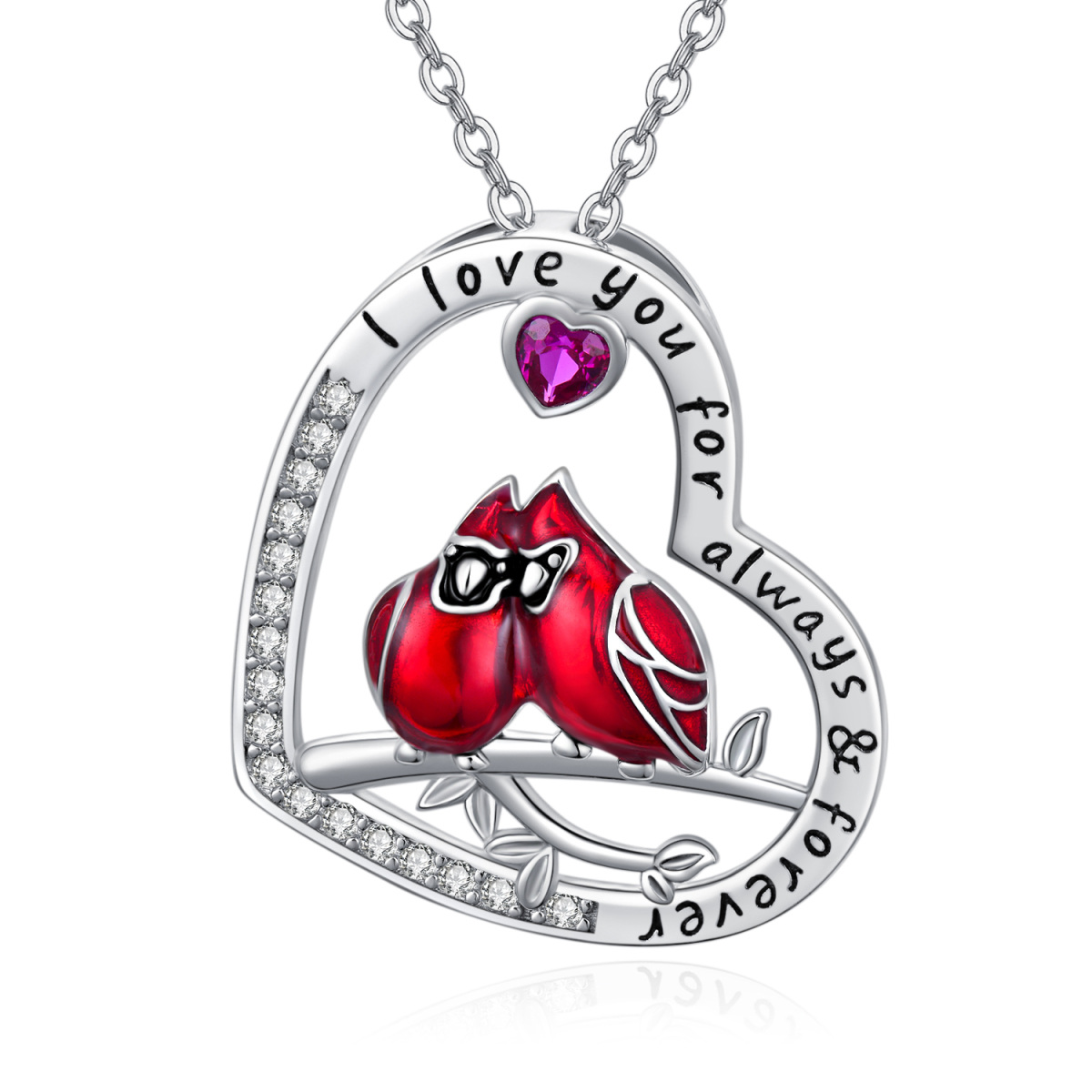 Collana con ciondolo cardinale a forma di cuore in argento sterling con zirconia cubica e parola incisa-1