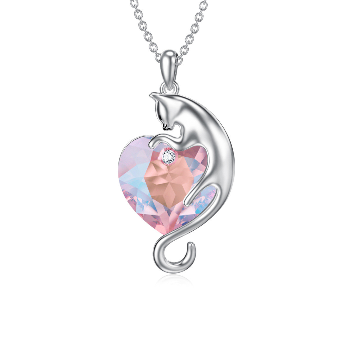 Sterling Silver Heart Diamond Cut Pink Crystal Cat Pendant Necklace For Girl-1