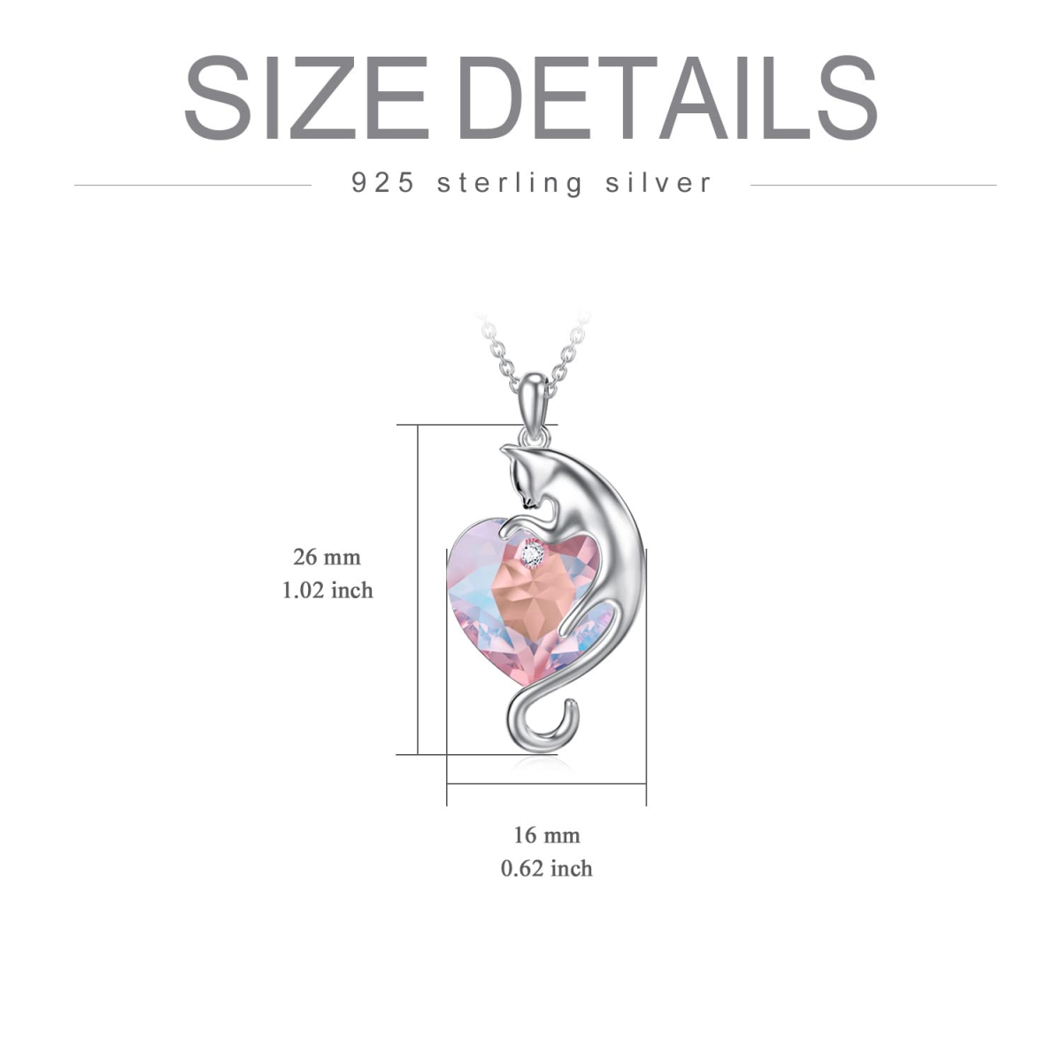 Sterling Silver Heart Diamond Cut Pink Crystal Cat Pendant Necklace For Girl-3