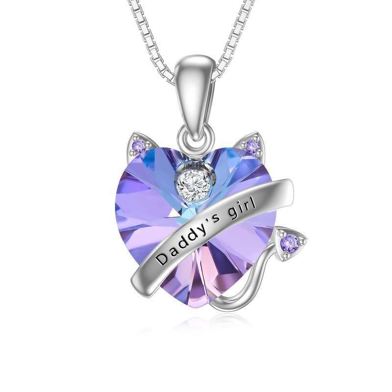 Collar con colgante de cristal de corazón de gato de plata de ley con palabra grabada para mujer-1