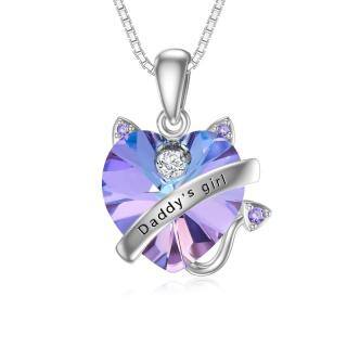 Sterling Silver Cat Heart Crystal Pendant Necklace With Engraved Word For Women-50