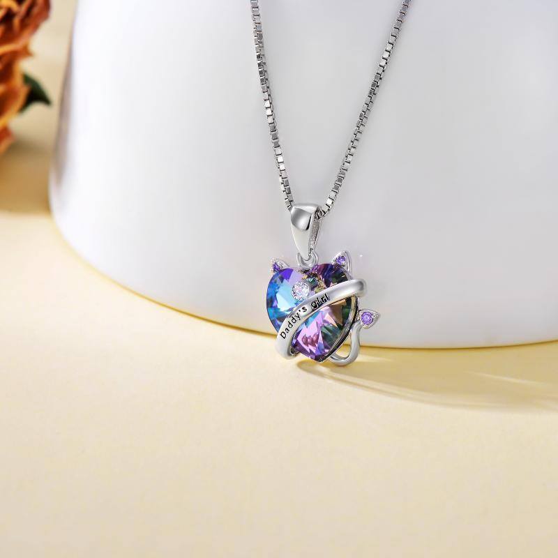 Collana con ciondolo in cristallo a forma di cuore di gatto in argento sterling con parola incisa per donna-3